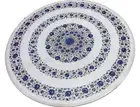 White Marble Round Dining Table Top Lapis Lazuli Stone Inlay Work Hallway Table