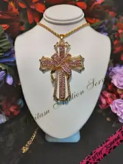 BETSEY JOHNSON LIGHT PINK RIBBON WEAVED CROSS PENDANT NECKLACE, NEW