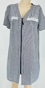 NWT Croft & Barrow Womens House Coat Duster Navy Blue Seersucker Cotton Blend