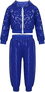 [FEESHOW] Kids Boys Girls Modern Hip Hop Jazz Street Dance Performance Costume Sequins Hooded Tops with Pants
