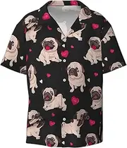 [VPPUR] Cute Pug Print Fashion Short Sleeve Button Down Cuban Collar Shirt Left Chest Convenient Pocket