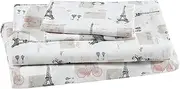 [Beatrice Home Fashions] Printed Microfiber Sheet Set, Soft Comfortable Easy Care, Includes 1 Fitted Sheet with 12" Deep Pockets, 1 Flat Sheet, Pillowcase, Queen, Paris Postale