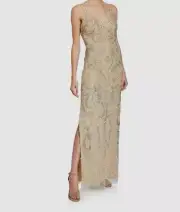 $395 Aidan Mattox Women's Beige Sleeveless Beaded Column Gown Dress Size 10