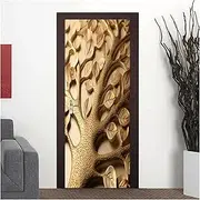 Door Stickers Creative 3D Stereoscopic Gold Leaves Door Decoration Sticker Art for Living Room Bedroom PVC Self-Adhesive Stickers(77x200cm)