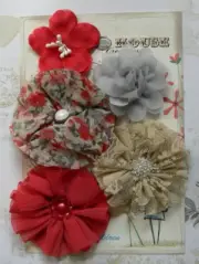 RED Floral GREY LATTE Mix Fabric 5 Flower Pack 50-75mm Manor House