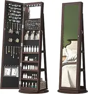 LVSOMT 360° Swivel Jewellery Cabinet Armoire with Full Length Mirror, Standing Mirror with Jewellery Storage fpr Earrings, Necklaces, Cosmetics, Bracelets, Rotating Jewelry Organiser (Dark Brown)