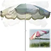 THBSHZMZR Patio Fringe Umbrella 6.5ft Boho Outdoor Umbrella With Tassels, Tilt & Height Adjustable, Green White Beach Parasol For Pool Backyard Garden