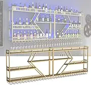 Modern Wall Mounted Wine Rack with Hanging Glass Holder and Liquor Shelf Ideal for Mini Bar Display Stylish Storage for Liquor Bottles and Wine Glasses Black and Blue Light Perfect for Bar o