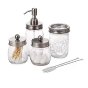Catzon Glass Bathroom Accessories Set 4 Pcs Lotion Soap Dispenser Cotton Swab Holders Toothbrush Holder-Silver