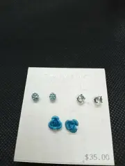 Sterling Silver Blue Rhinestone Stud Floral Earring Set