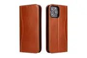 For iPhone 15 Pro Case Fierre Shann Genuine Cowhide Leather Wallet Cover Brown