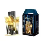 Silverware Set 24 pcs Gold Cutlery Set, Knife, Fork, Spoon w/ Stand for Dinning