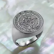 Sterling Silver Aztec Mayan Sun Calendar Signet Ring | Men's Statement Jewelry