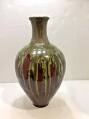 Studio Art Pottery 11.5” Vase Burgundy with Green Drip Glaze