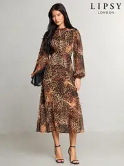 Lipsy Animal Printed Woven Long Sleeve Underbust Midi Dress (B80766) | $54