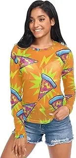 [RPLIFE] Cartoon Pizza Orange Sheer Shirts, Printed Mesh Top S-XXL