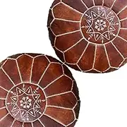 LEATHEROOZE Set of 2 Amazing Unstuffed Moroccan Pouf Tan Color, Ottomans Poffes,Footstool poufs,100% Handmade Leather Poof 16X20X20 INCHES with Set of 2 Cushion/Pillow Cover