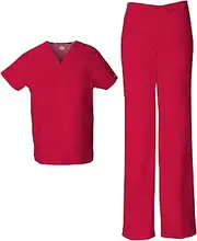 [Dickies] EDS Signature Unisex Scrubs Set 83706 Tuckable V-Neck Top & 83006 Drawstring Pant, Red-XL Top/L Pant, White, Large Top / Medium Pant