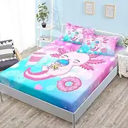 HOSIMA Axolotl Fitted Sheet Cute Animal Bedding Set Toddler Room Decor for Girls Dessert Milk Tea Donut Bed Fitted Sheet Fantasy Blue Purple Twin Bed in A Bag Sets for Adults Teens.