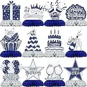 Blue Sliver Party Decorations, 12Pcs Blue Sliver Honeycomb Birthday Decorations, Elegant Blue Sliver Table Toppers Party Decorations for Women, Perfect Birthday Table Decorations