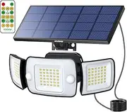 [intelamp] Solar Lights Outdoor, 3 Head Solar Motion Sensor Lights for Outside, IP65 Waterproof Security Flood Lights, Separate Solar Panel with 9FT Cable Remote Control (1)
