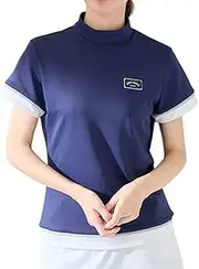 [JUN & ROPE] Jun & Lope Women's Pullover [UV Protection] [Quick Drying] [Cool Touch Feeling] [See-Through] Color Combination Mock Short Sleeve Pullover, Navy (40), M