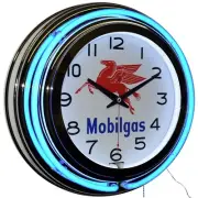 15" Mobilgas Oil Pegasus Double Neon Clock Garage Man Cave (Blue)