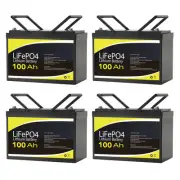 4PCS 12V 100Ah Lithium Battery Iron LiFePO4 BMS Phosphate Rechargeable Camping