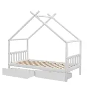 Bed Frame Wooden Base Kids Single Timber House with 2 Storage Drawers Beds White