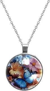 [Diusye] Necklaces for Women, Colored Cosmos Flower Butterfly Print Stainless Steel Pendant Necklace Jewelry Birthday Anniversary Wife Girls Friends Gift