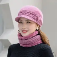 在飛比找蝦皮購物優惠-羊毛帽子套裝搭配厚毛襯里針織圍巾中年女士紫色粉色