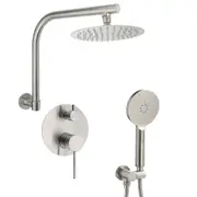2in1 Brushed Silver 8" Round Rainfall Shower Head 360?? Swivel Gooseneck Arm Set
