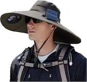 [Clobeau] Wide Brim Solar Fan Fishing Hat 2 Solar Powered Fan Hats for Men Women Cooling Fans Waterproof Beach Bucket Camping Hat