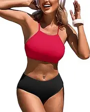 [CharmLeaks] Halter Bikini Women Full Coverage Bathing Suit Junior Swimsuits Red M