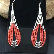 Red Coral 3 Strands Heishi Liquid Sterling Silver Dangle Earrings 1977