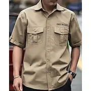 Men's Shirt Casual Shirt Work Shirt Button Up Shirt Dark Brown Black Brown khaki Army Green Short Sleeve Plain Lapel Vacation Holiday Pocket Clothing Apparel 1