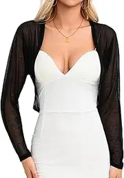 [Aiboria] Women Shrug Open Front Mesh Cropped Bolero Short Sleeve Sheer Cardigan