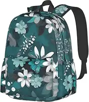 [vacsAX] Teal Grey and White Floral School Backpack Rucksack Large Capacity Back Pack with Front Pocket Lightweight School Bags