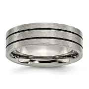 Chisel Titanium Brushed Black Enamel Grooved 7mm Flat Band - Ring Size 8.5