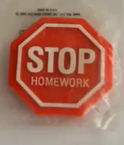 Button Pin School STOP HOMEWORK Sign Slogan Brooch NIP NOS USA Vtg Hallmark 80's