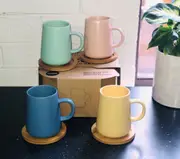 Set Of 4 Coffe/Tea Cup With Bamboo Coasters Lovey Trendy Assorted Colors 320ml