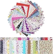 50 Pcs Cotton Craft Fabric Bundles Patchwork, 10 * 10cm Squares Fabric Fat Quarters Bundle, Assorted Pattern Cotton Quilting Supplies, Mini Charm Packs for DIY Quilting Scrapbook Floral Crafting