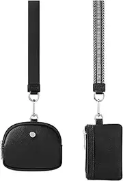 [Vulkitty] Keychain Wallet, Wristlet Purses for Women, Zip Around Dual Pouch Wristlet, Small Portable Key Chain Wallet Women, Zipper Card Holder Coin Purse Mini Coin Pocket, 2 Wristlet Strap, Black