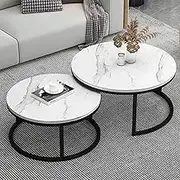 2 Sets of Nesting Tables, Round Marble Tops Coffee Table, Modern Accent Side End Table for Living Room Home Office,White+Black-80cm+60cm