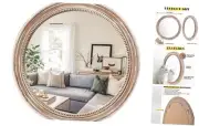Round Wooden Mirror,24" Farmhouse Rustic Circle Mirror,Nature Beads Vanity