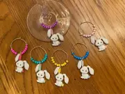 " WHITE EASTER BUNNIES" SET OF 6 HAND CRAFTED Wine glass drink marker Charms