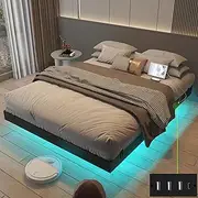 Muluflower Floating Bed Frame King Size with LED Lights and Charging Station, Black PU Metal Platform Bed Frame, Easy Assembly, No Box Spring Needed (King)
