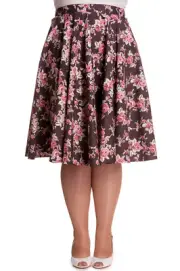Hell Bunny Vintage Style Romantic Western Pink Roses Brown Flare Swing Skirt