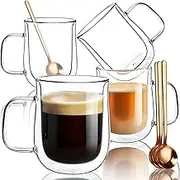 350ml Double Walled Glass Coffee Cup, Set of 4, Glass Coffee Mugs, Tea Coffee Cups with Handles for Espresso, Cappuccino, Latte, Tea Bag, Hot Beverages.