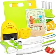 Suhctuptx Kids Knife Set for Real Cooking, Kids Kitchen Knives with Cutting Board Crinkle Cutters Food Conversion Chart & Cleaning Tools, Christmas Birthday Gifts Toddler Toys for Girls Boy Age 2-10